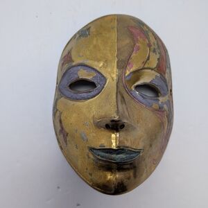 Vintage Solid Brass Party Mask Handmade In India Wall Art Multi Color 6" x 4.5"